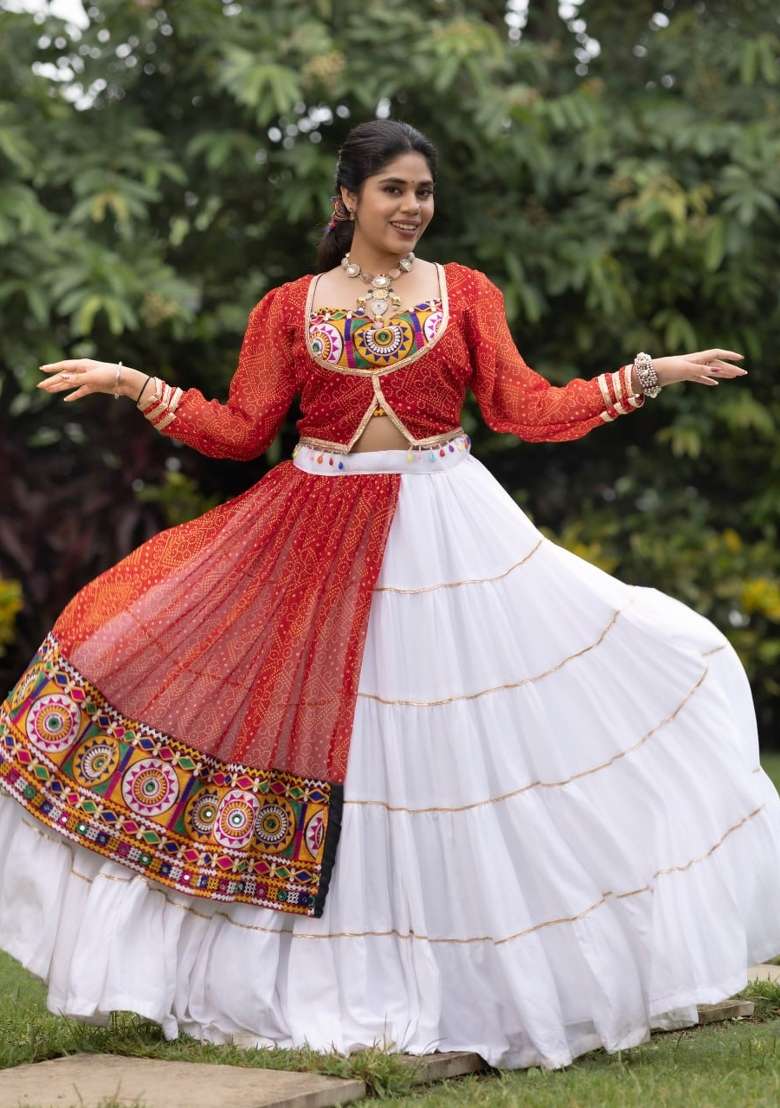 White Kutchi Work Cotton Chaniya Choli Set For Navratri And Garba - Indya