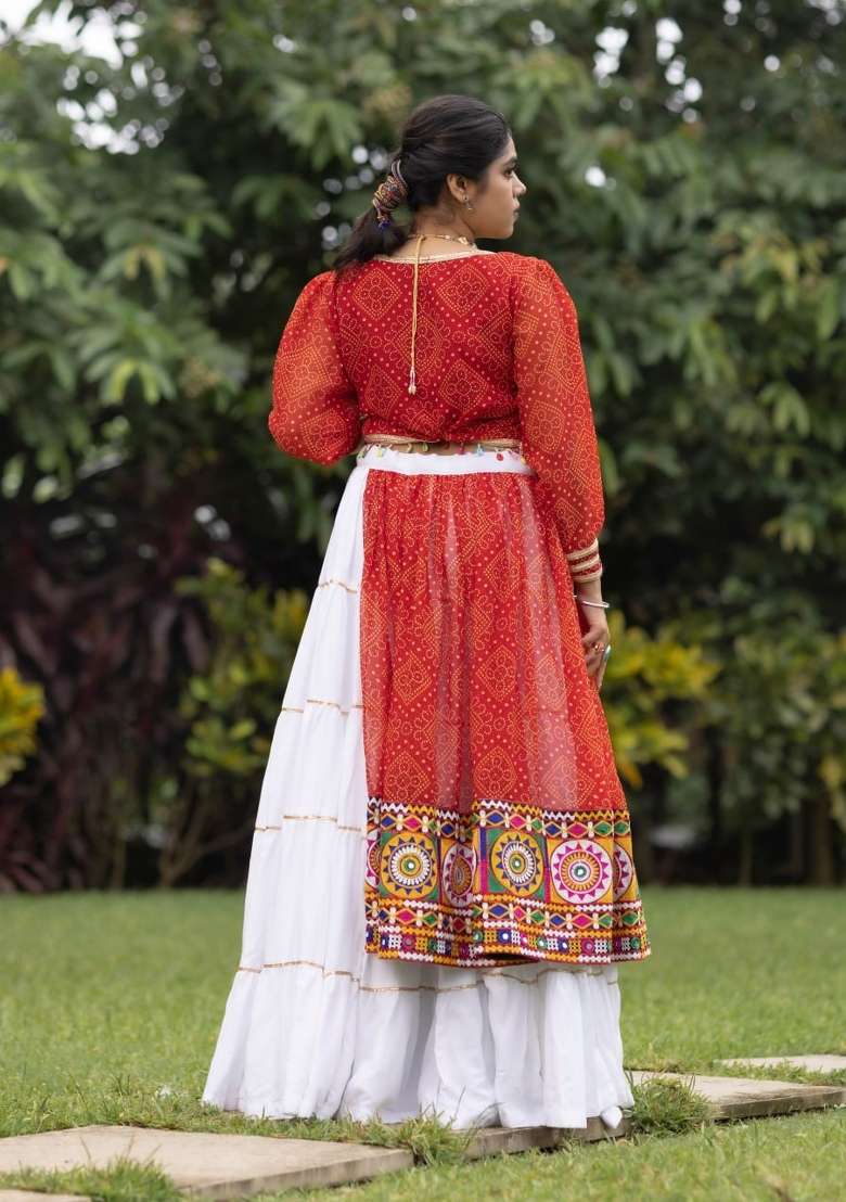 White Kutchi Work Cotton Chaniya Choli Set For Navratri And Garba - Indya