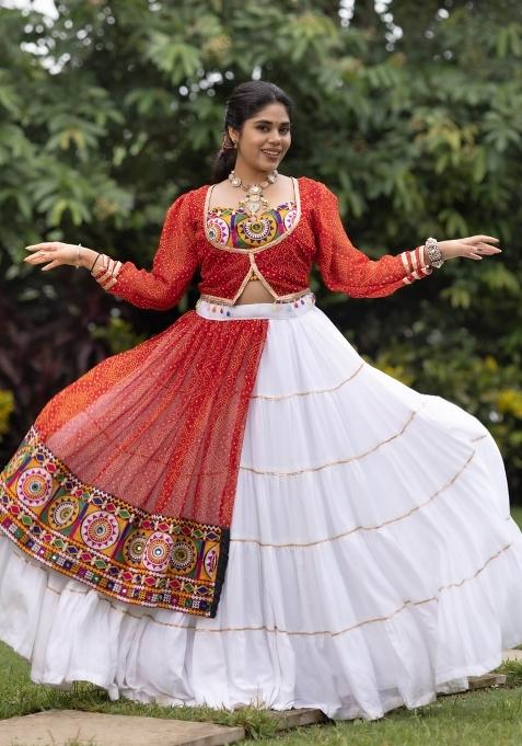 White Kutchi Work Cotton Lehenga Set