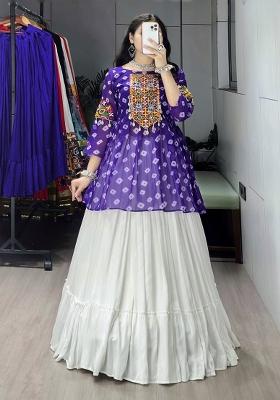 Purple Mirror Work Cotton Lehenga Set