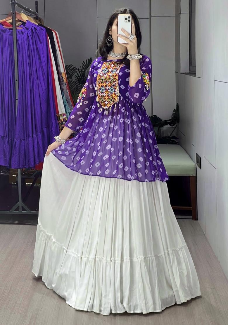 Purple Mirror Work Cotton Lehenga Set - Indya