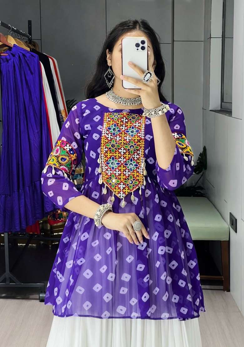 Purple Mirror Work Cotton Lehenga Set - Indya
