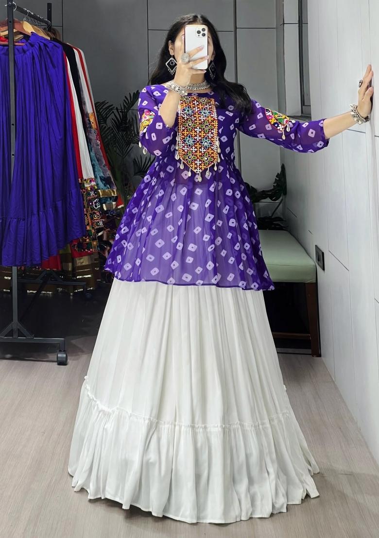 Purple Mirror Work Cotton Lehenga Set - Indya