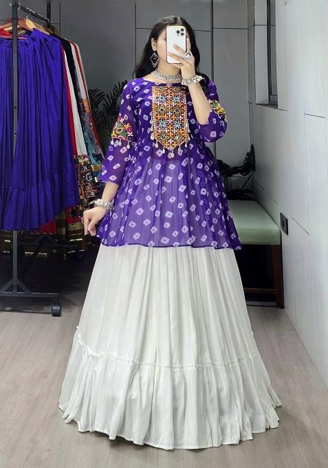 Purple Mirror Work Cotton Lehenga Set