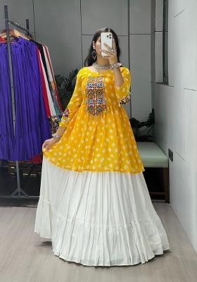 Yellow Mirror Work Cotton Lehenga Set