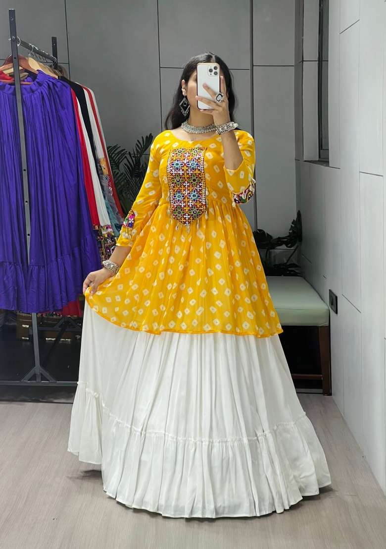 Yellow Mirror Work Cotton Lehenga Set - Indya