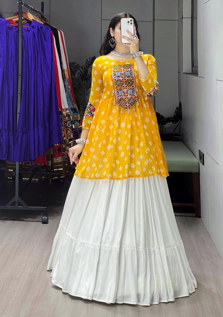 Yellow Mirror Work Cotton Lehenga Set - Indya