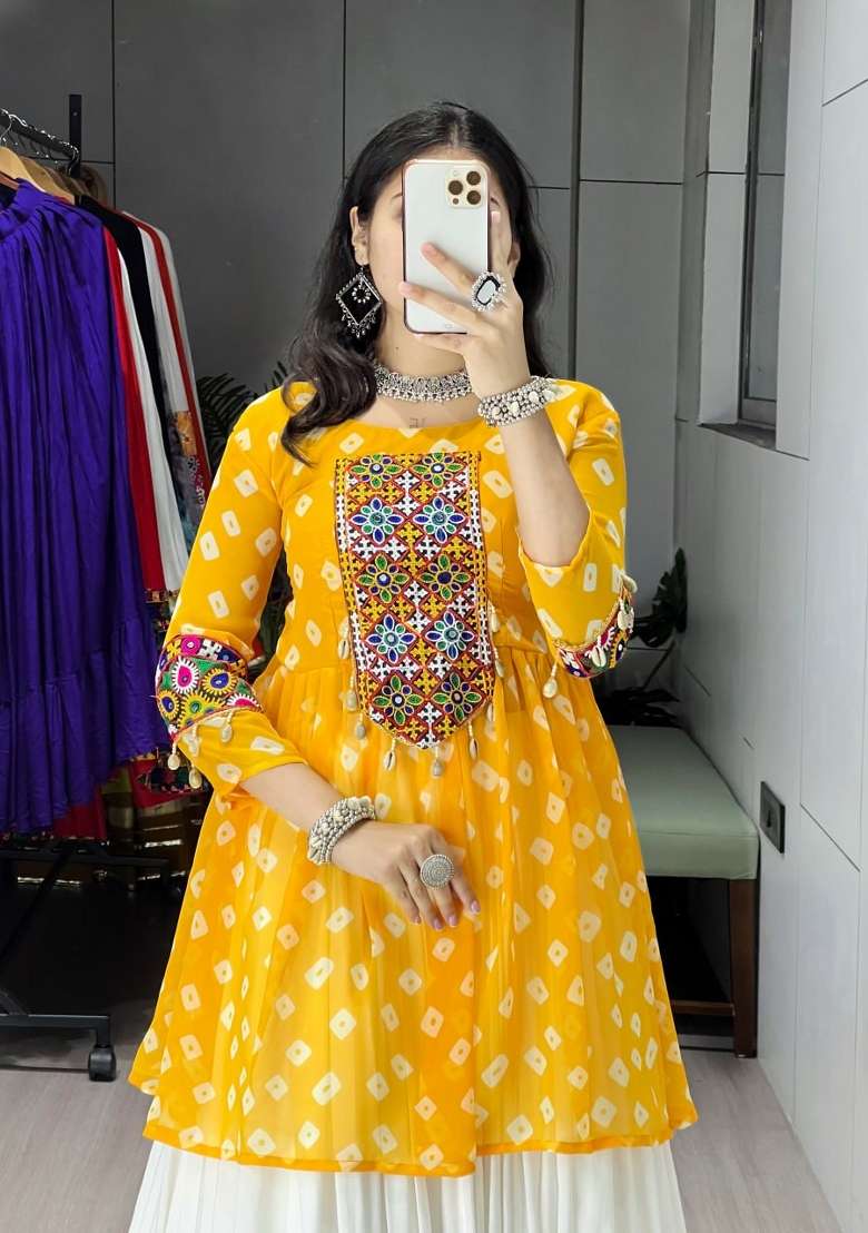 Yellow Mirror Work Cotton Lehenga Set - Indya
