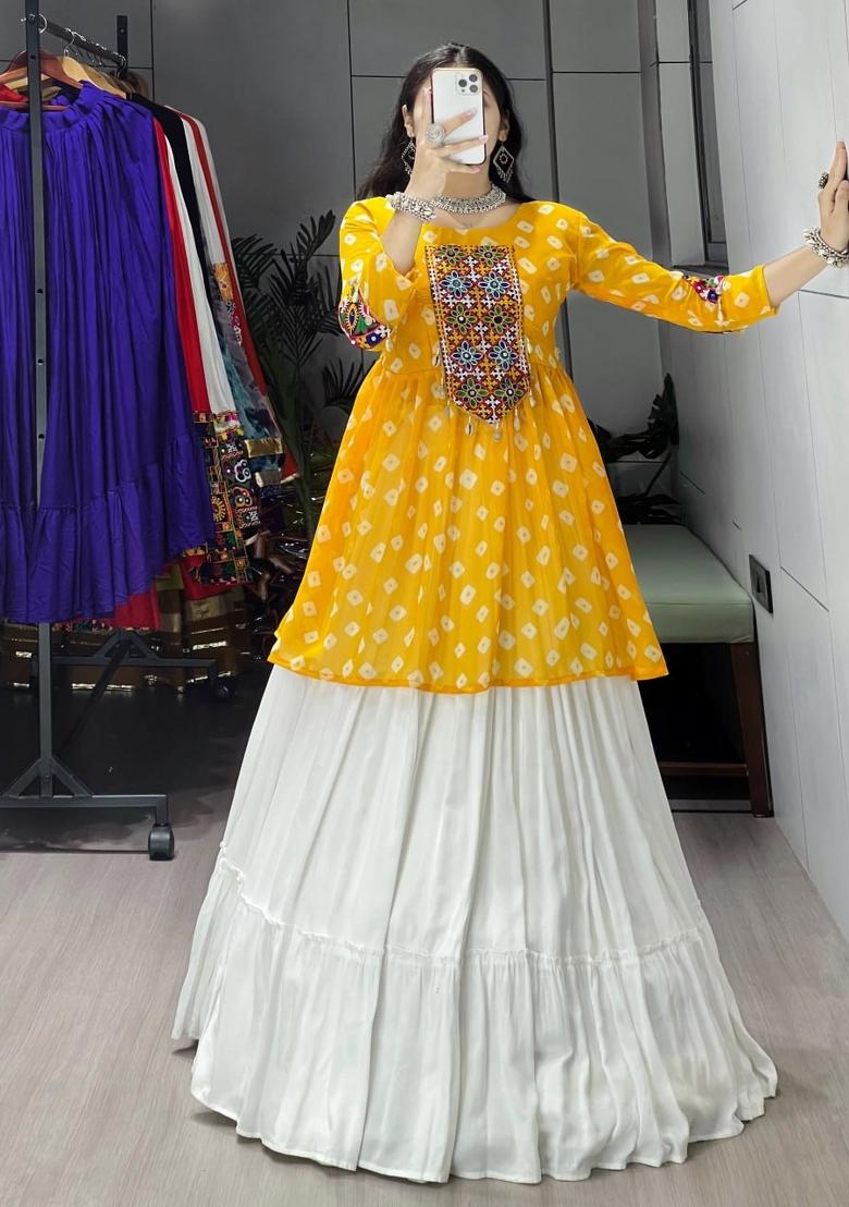 Yellow Mirror Work Cotton Lehenga Set - Indya