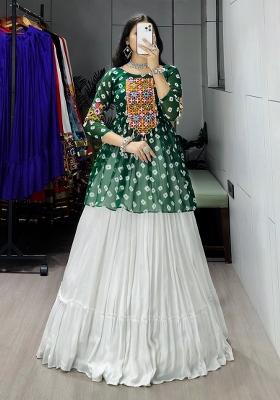 Green Mirror Work Cotton Lehenga Set