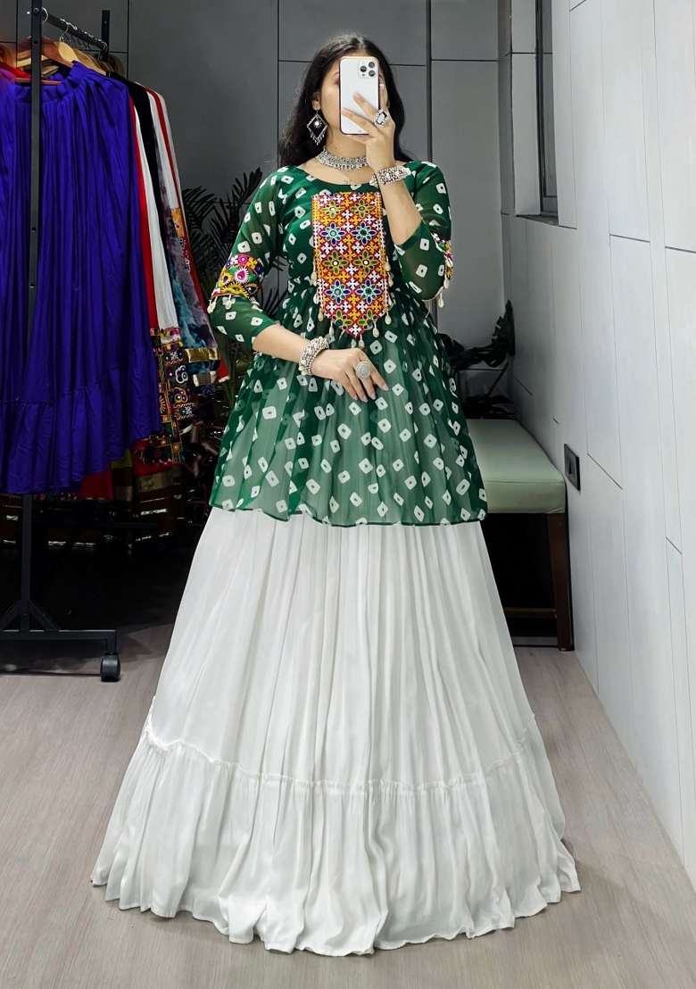 Green Mirror Work Cotton Lehenga Set - Indya