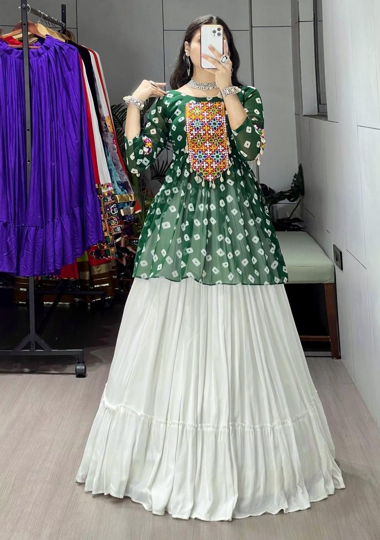 Green Mirror Work Cotton Lehenga Set - Indya