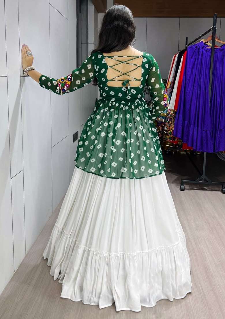 Green Mirror Work Cotton Lehenga Set - Indya