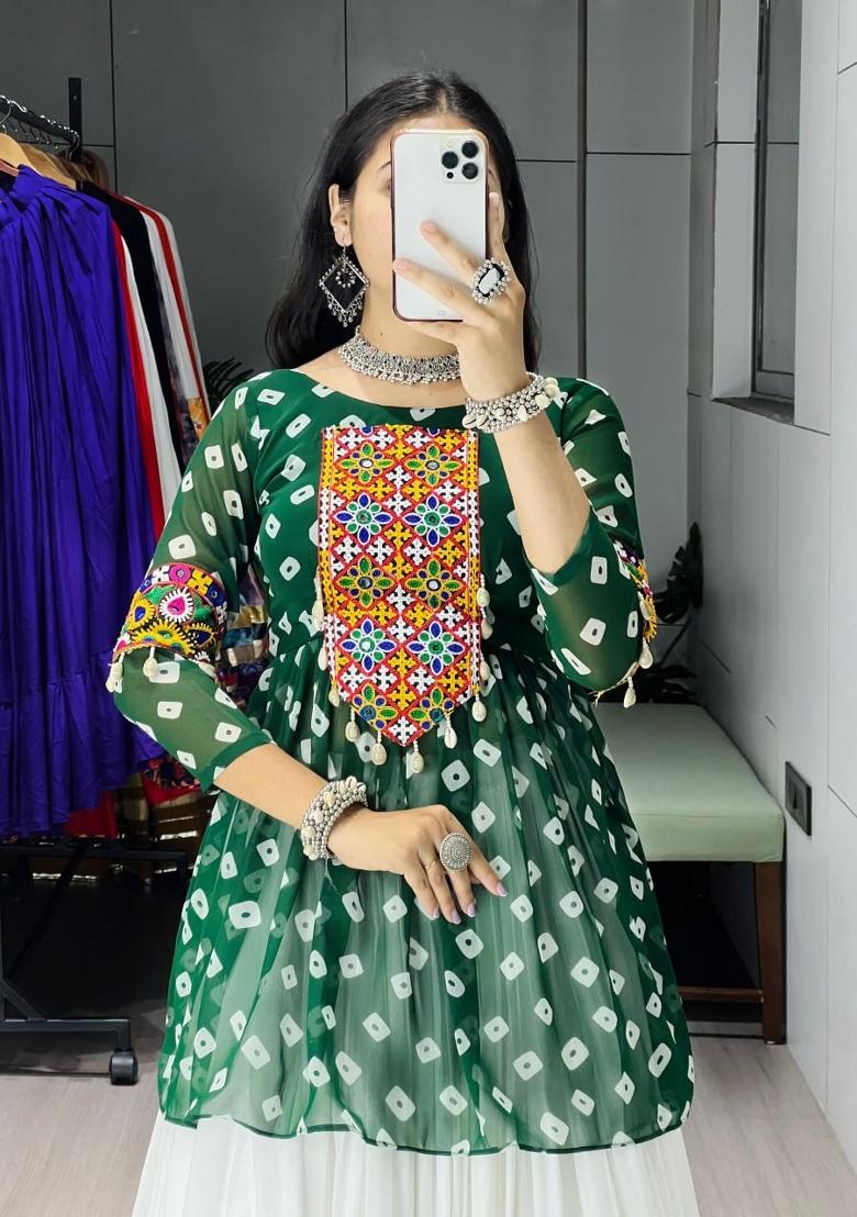 Green Mirror Work Cotton Lehenga Set - Indya