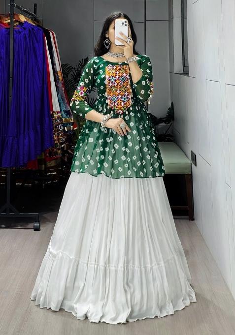 Green Mirror Work Cotton Lehenga Set
