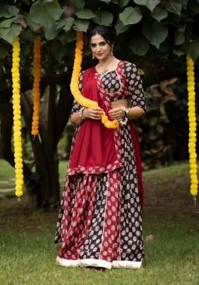 Maroon And Black Printed Cotton Lehenga Set