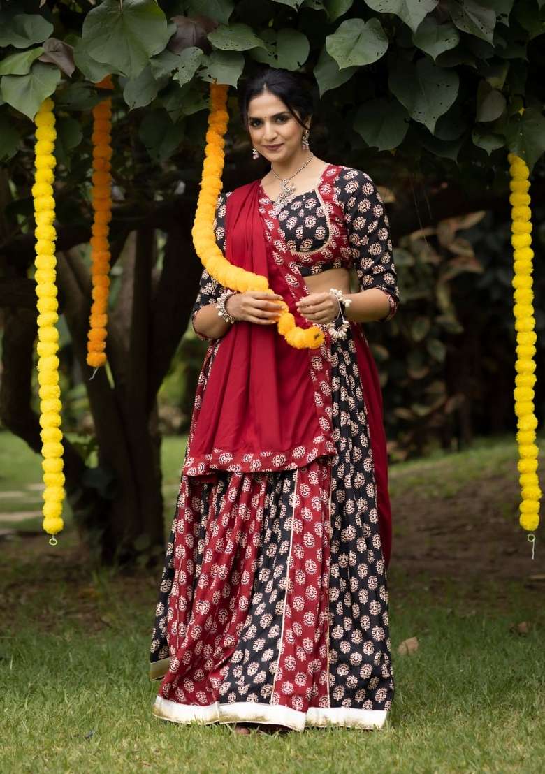 Maroon And Black Printed Cotton Chaniya Choli Set For Navratri And Garba - Indya