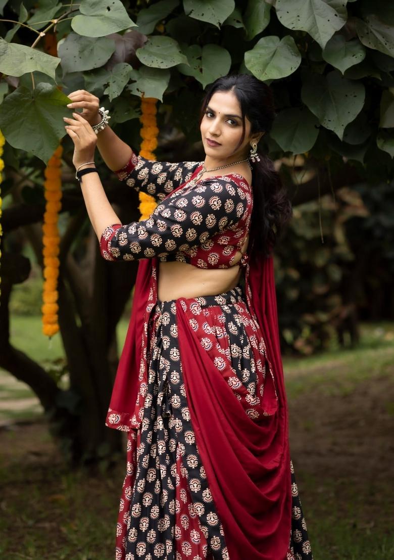 Maroon And Black Printed Cotton Lehenga Set - Indya