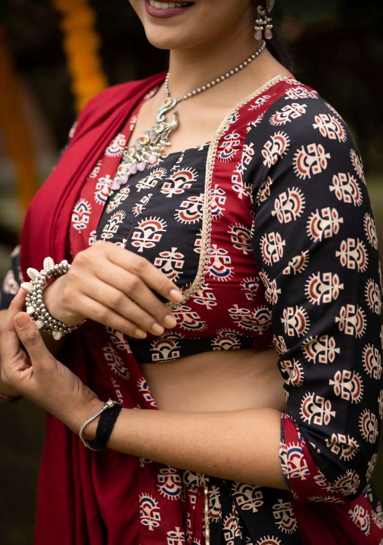 Maroon And Black Printed Cotton Chaniya Choli Set For Navratri And Garba - Indya