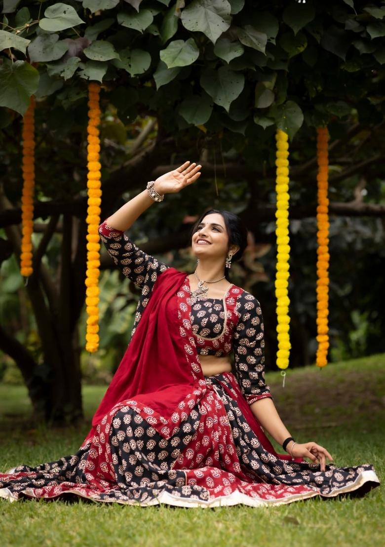 Maroon And Black Printed Cotton Lehenga Set - Indya