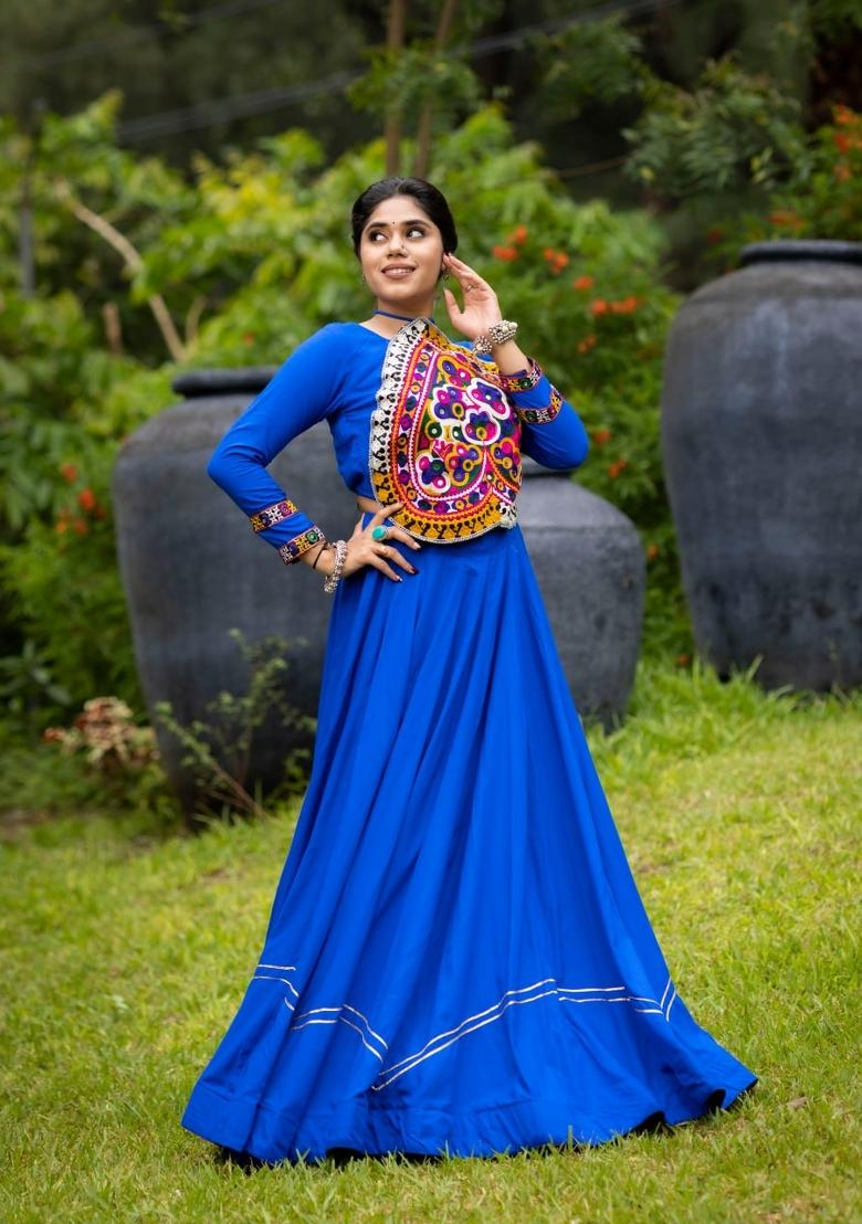 Royal Blue Patch Work Cotton Lehenga Set - Indya