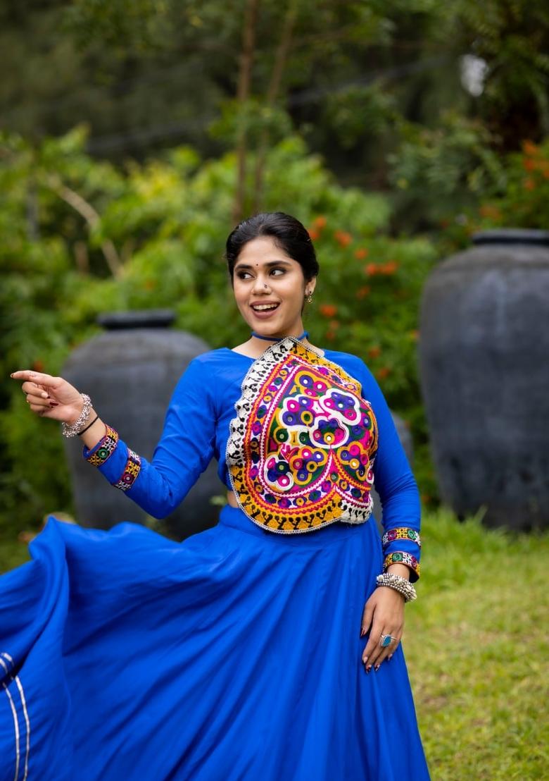 Royal Blue Patch Work Cotton Lehenga Set - Indya