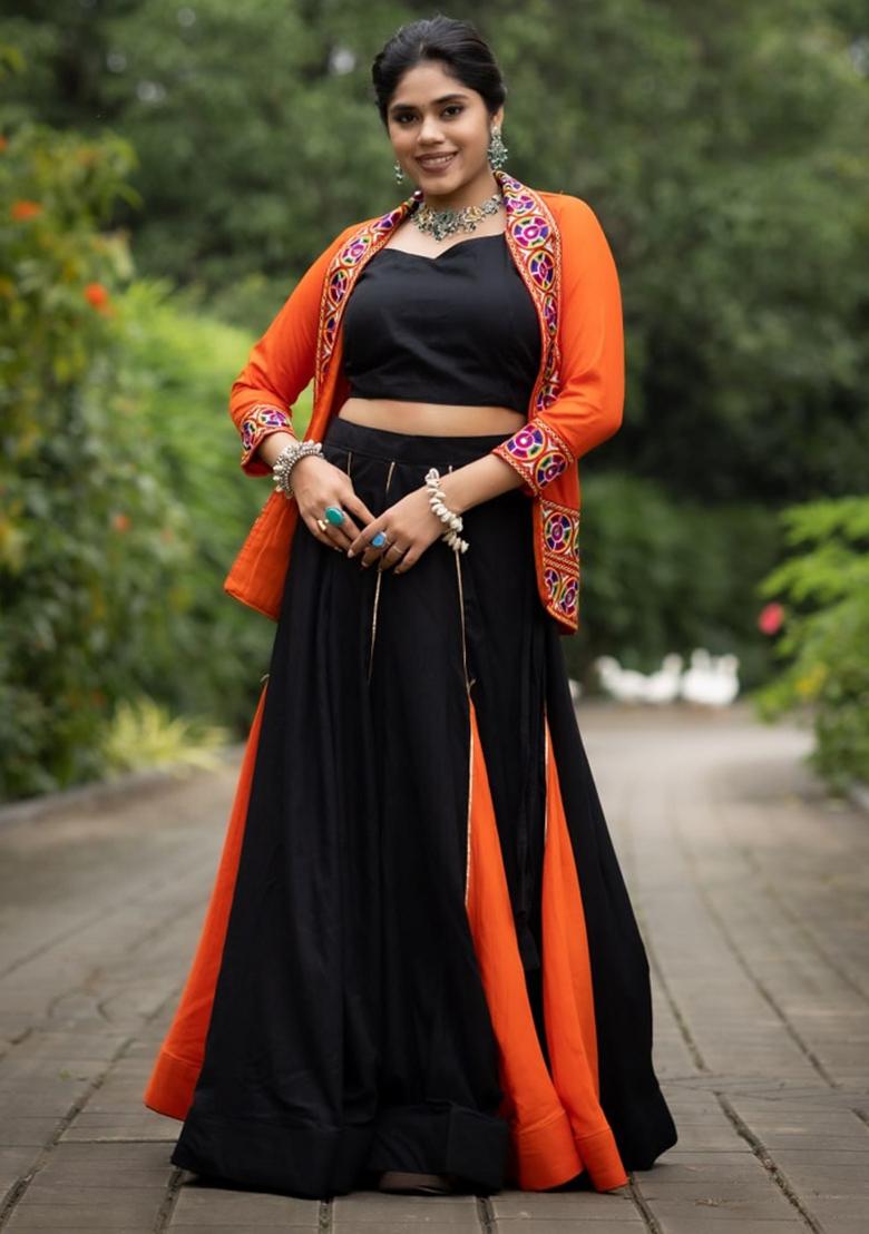 Black And Orange Kutchi Work Cotton Lehenga Set - Indya