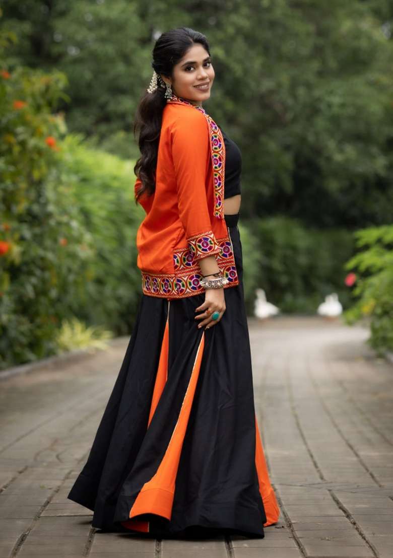 Black And Orange Kutchi Work Cotton Lehenga Set - Indya