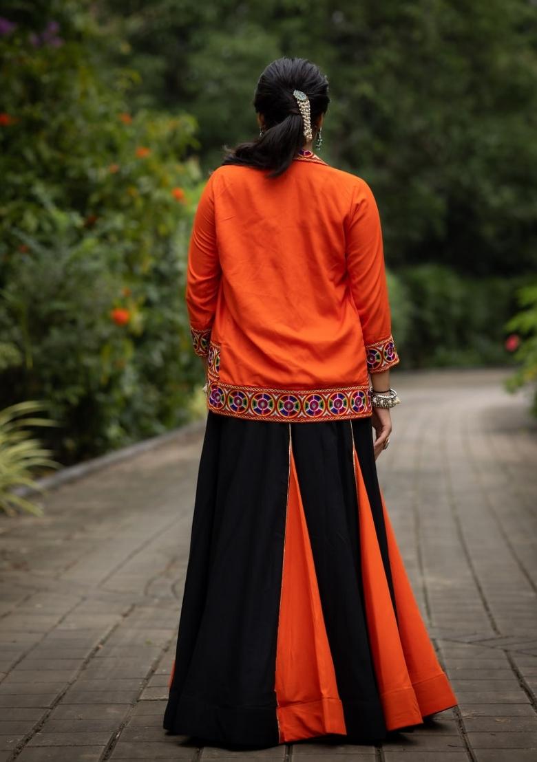 Black And Orange Kutchi Work Cotton Lehenga Set - Indya