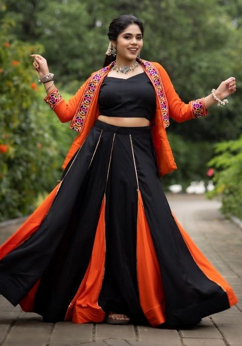Black And Orange Kutchi Work Cotton Lehenga Set