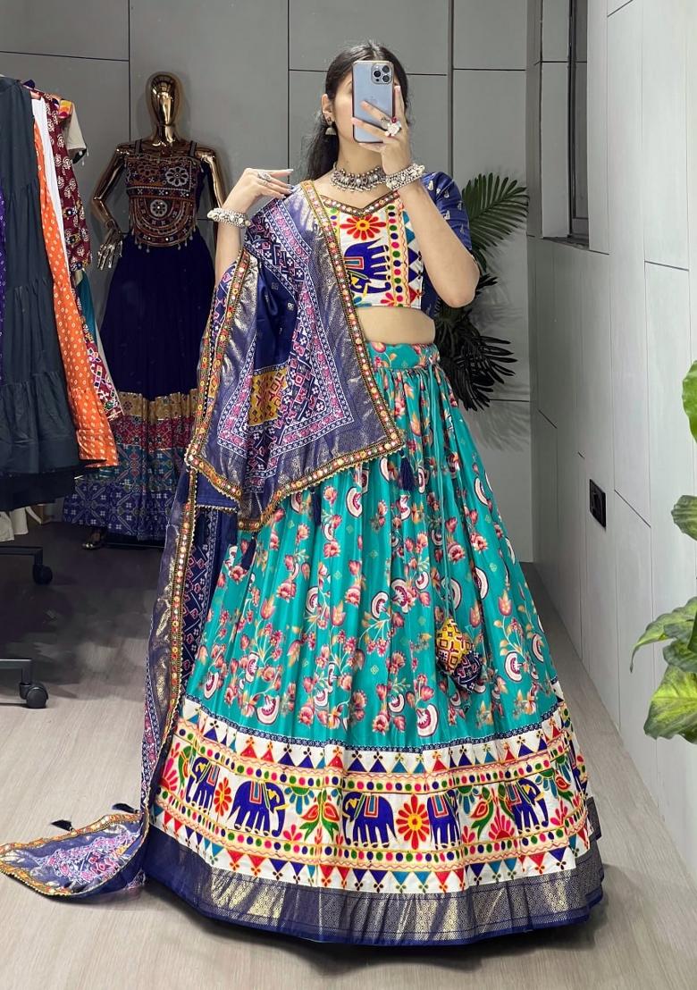Firozi Kutchi Work Silk Lehenga Set - Indya