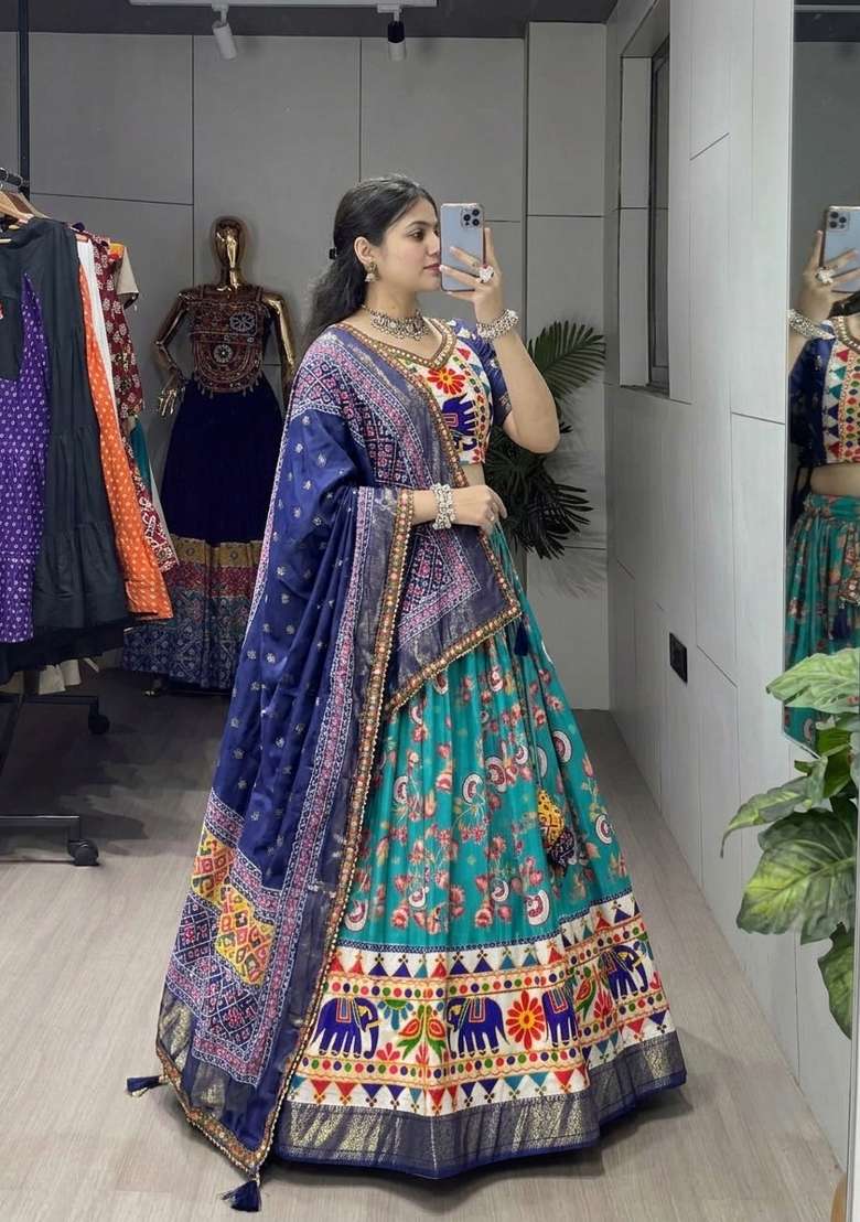 Firozi Kutchi Work Silk Lehenga Set - Indya