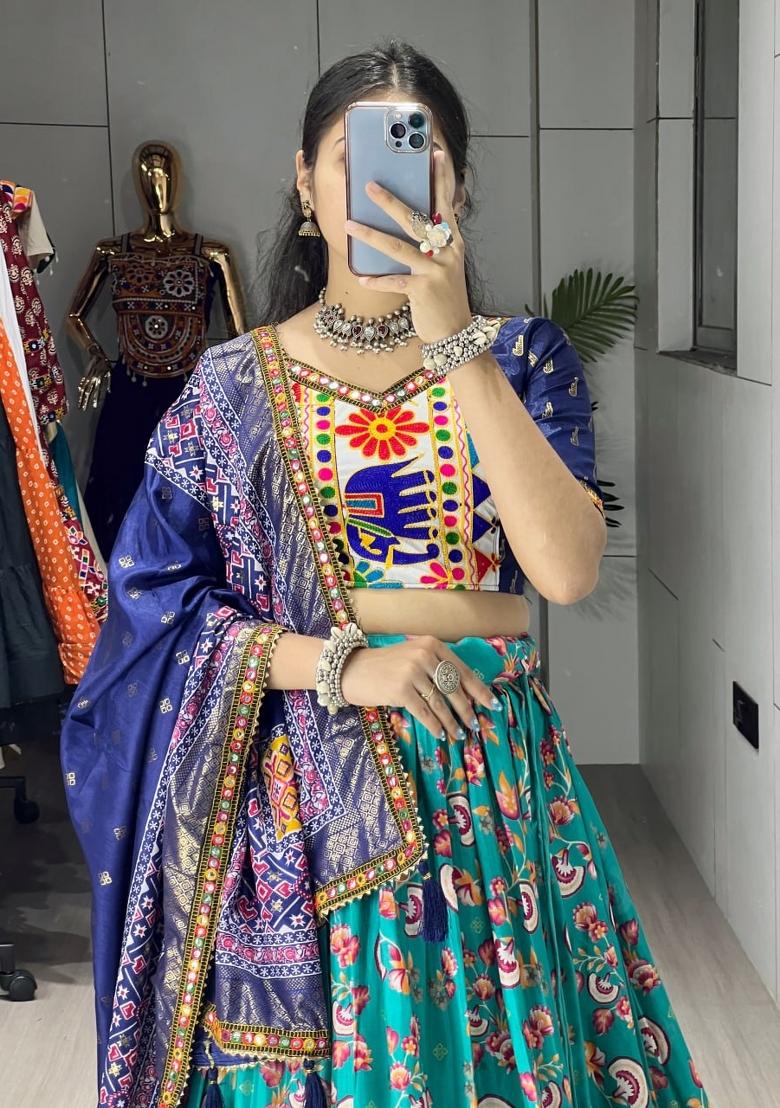 Firozi Kutchi Work Silk Lehenga Set - Indya