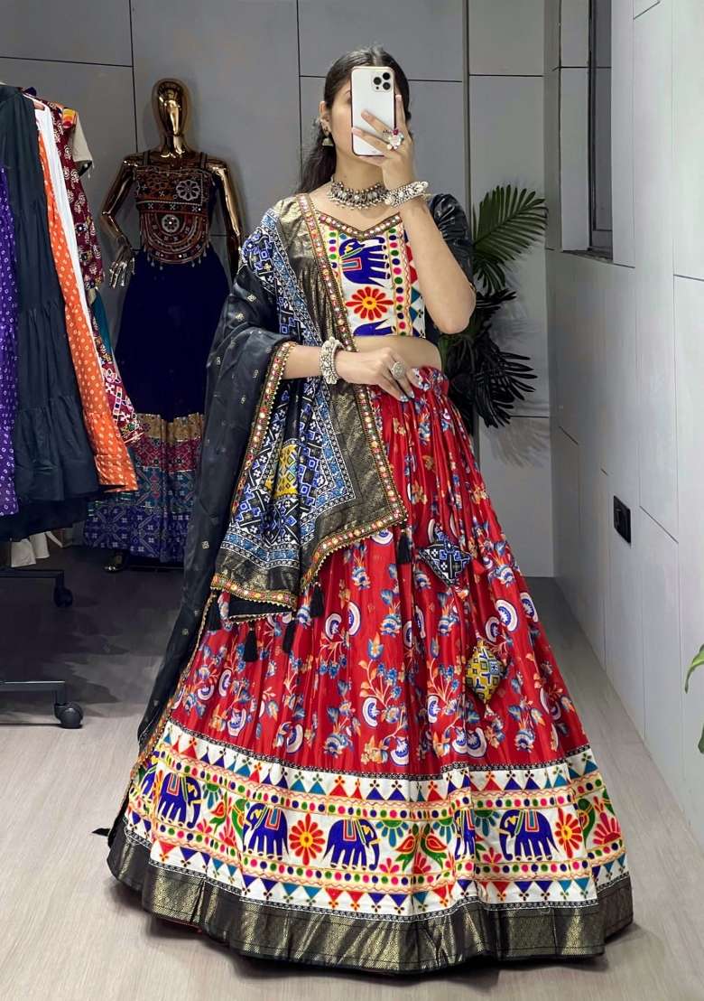 Red Kutchi Work Silk Lehenga Set - Indya