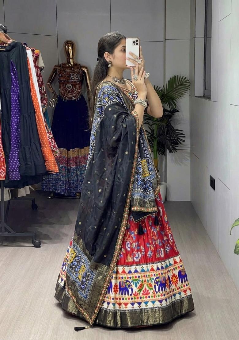 Red Kutchi Work Silk Lehenga Set - Indya