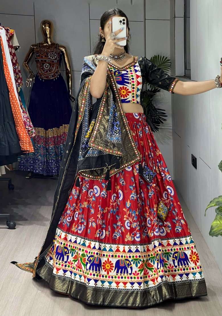 Red Kutchi Work Silk Lehenga Set - Indya