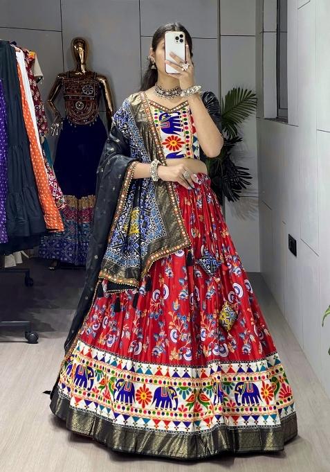 Red Kutchi Work Silk Lehenga Set