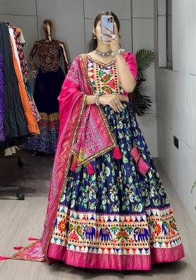 Navy Blue Kutchi Work Silk Lehenga Set