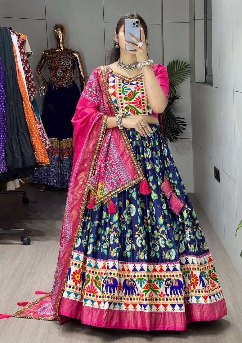Navy Blue Kutchi Work Silk Lehenga Set - Indya