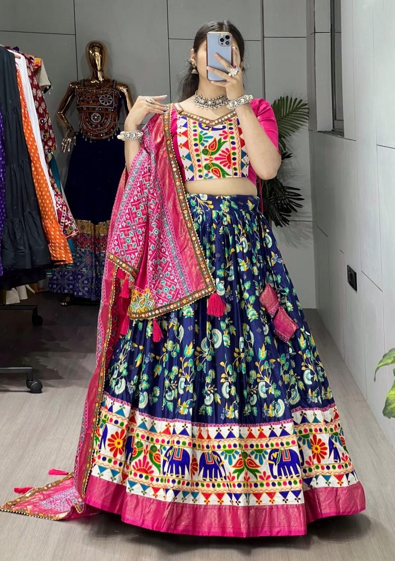 Navy Blue Kutchi Work Silk Lehenga Set - Indya