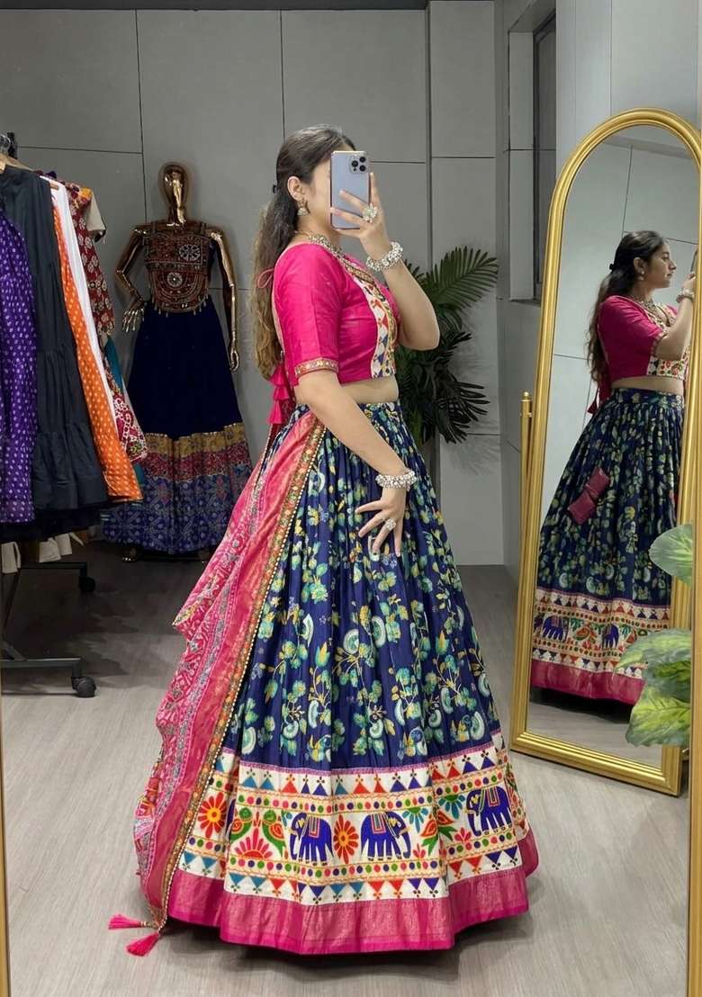 Navy Blue Kutchi Work Silk Lehenga Set - Indya