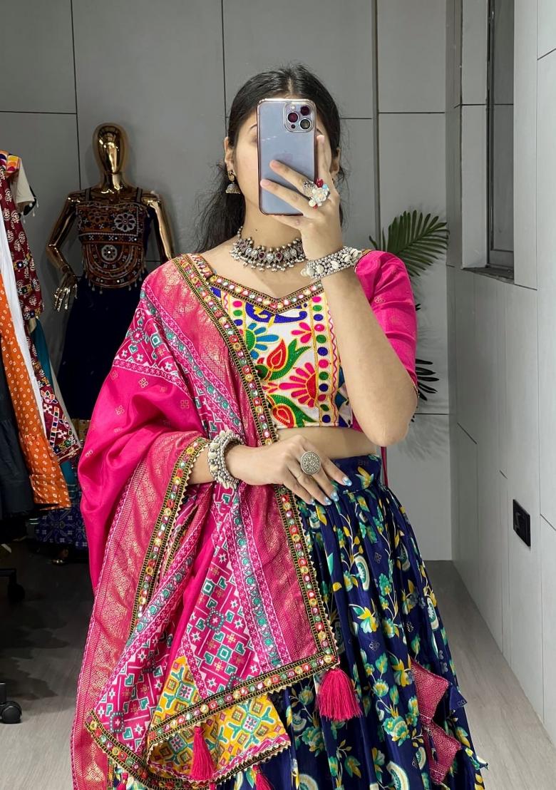 Navy Blue Kutchi Work Silk Lehenga Set - Indya