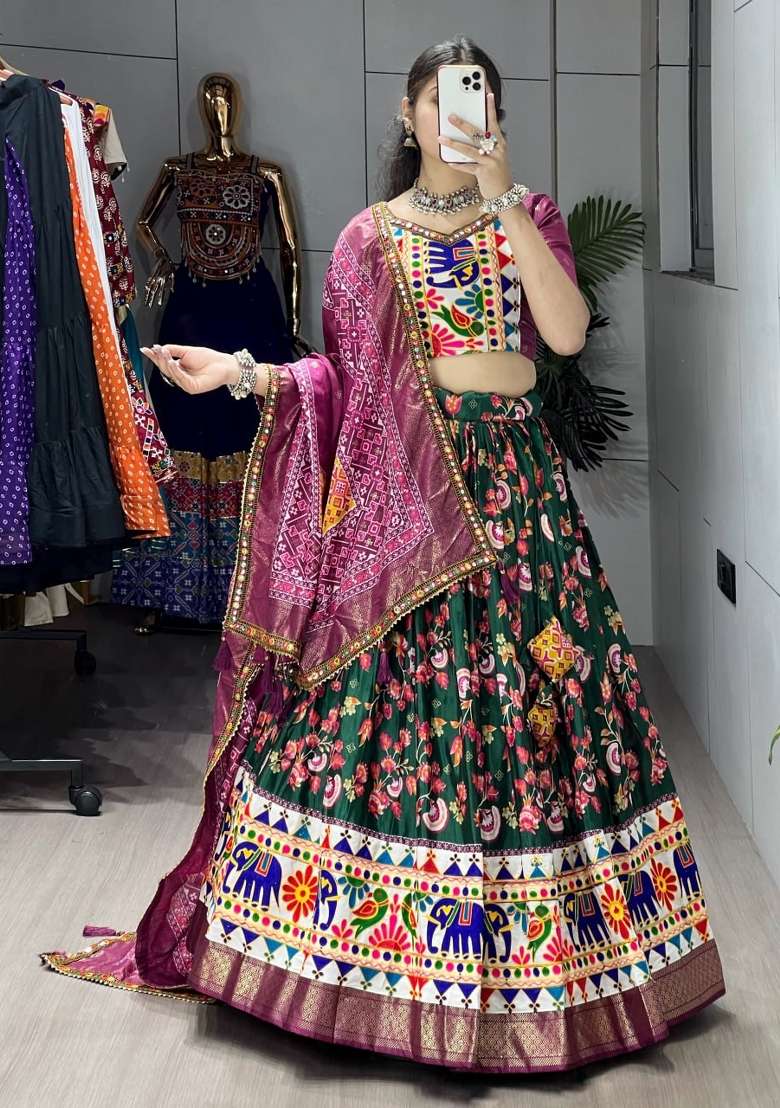 Green Kutchi Work Silk Lehenga Set - Indya