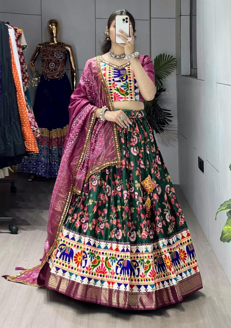 Green Kutchi Work Silk Lehenga Set - Indya