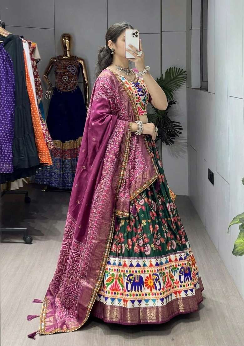 Green Kutchi Work Silk Lehenga Set - Indya