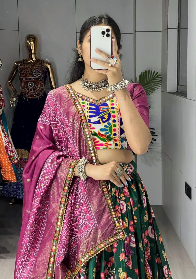 Green Kutchi Work Silk Lehenga Set - Indya