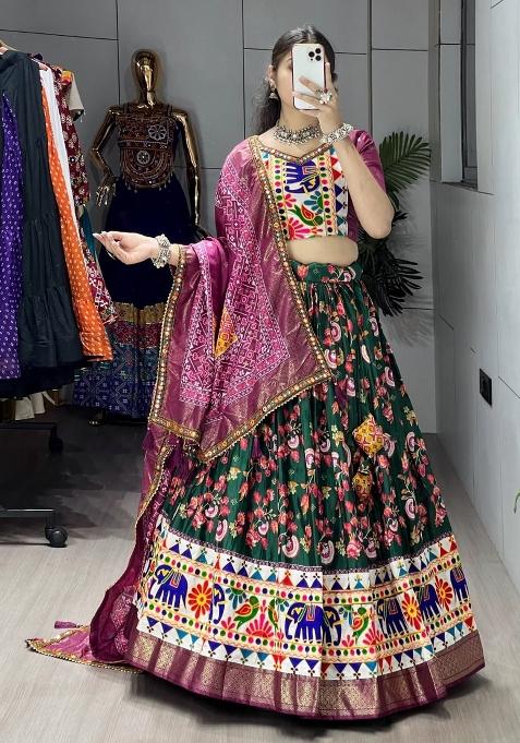Green Kutchi Work Silk Lehenga Set