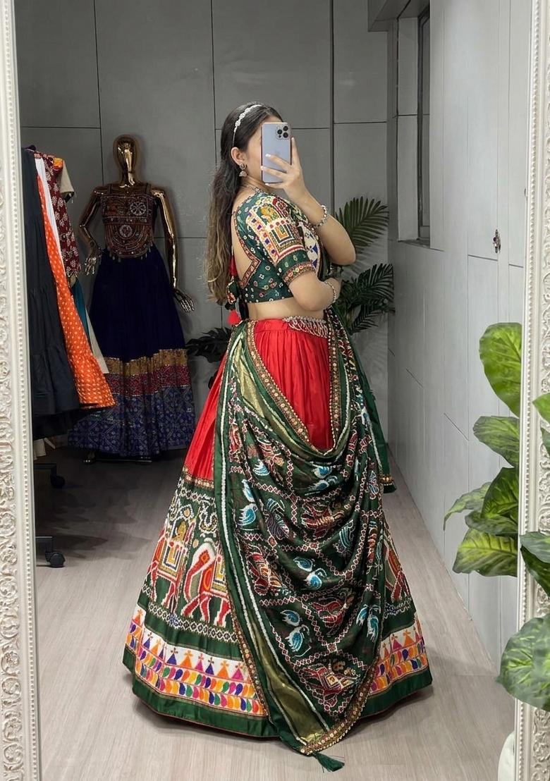 Red Gamthi Work Silk Lehenga Set - Indya