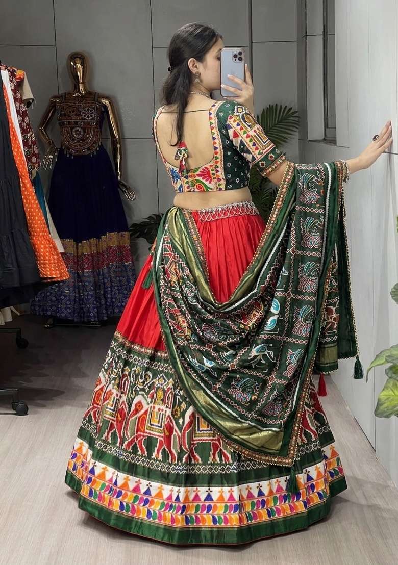 Red Gamthi Work Silk Lehenga Set - Indya