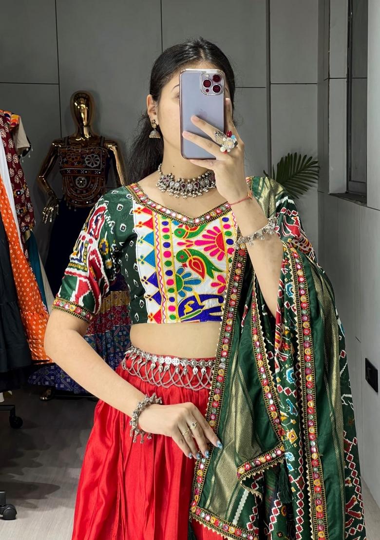 Red Gamthi Work Silk Lehenga Set - Indya